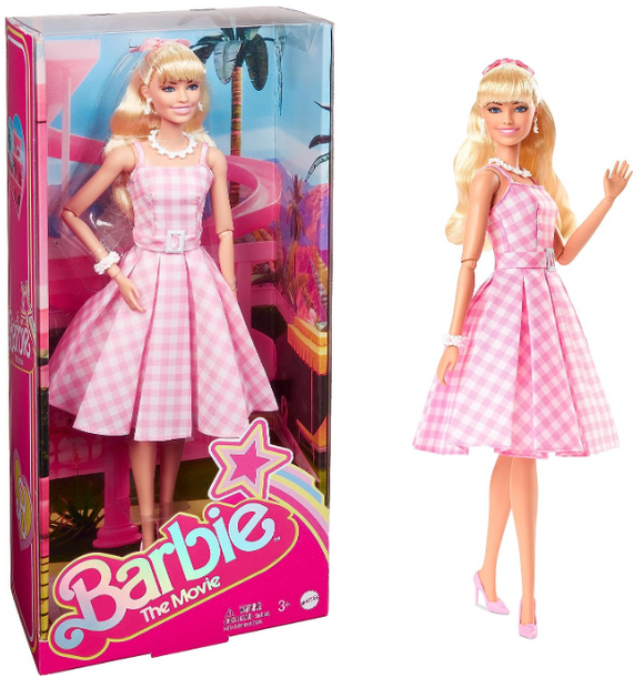 Barbie La Película Margot Robbie Muñeca Rosa Blanco Vestido Gingham